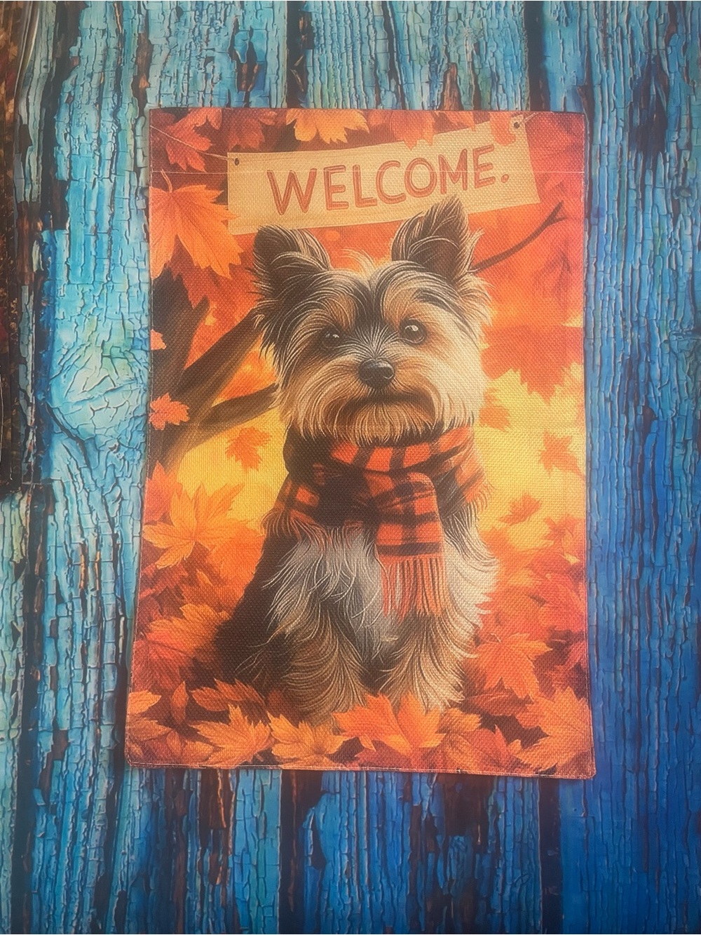 Welcome Yorkie Autumn Decorative Flag - Orange